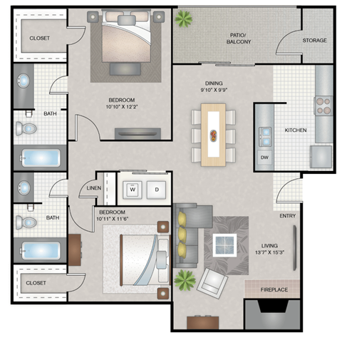 Floor plan for 2 beds, 2 baths, 941 sqft